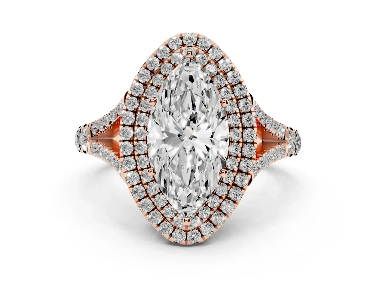Double Halo Marquise Cut Diamond Split Shank Engagement Ring with Four-Prong Setting Rose gold