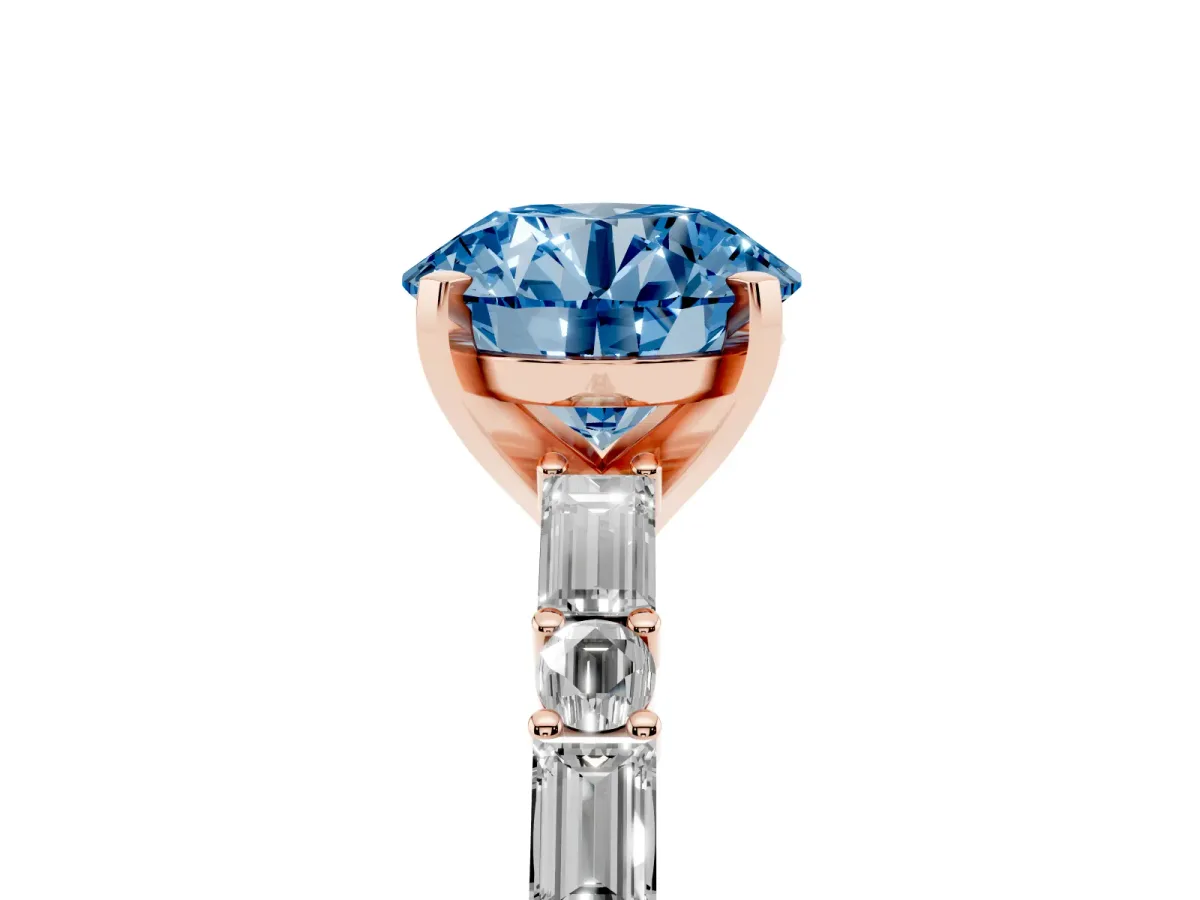 Fancy Blue Round Cut Diamond Solitaire with Side Baguettes and Channel Set Band Rose gold
