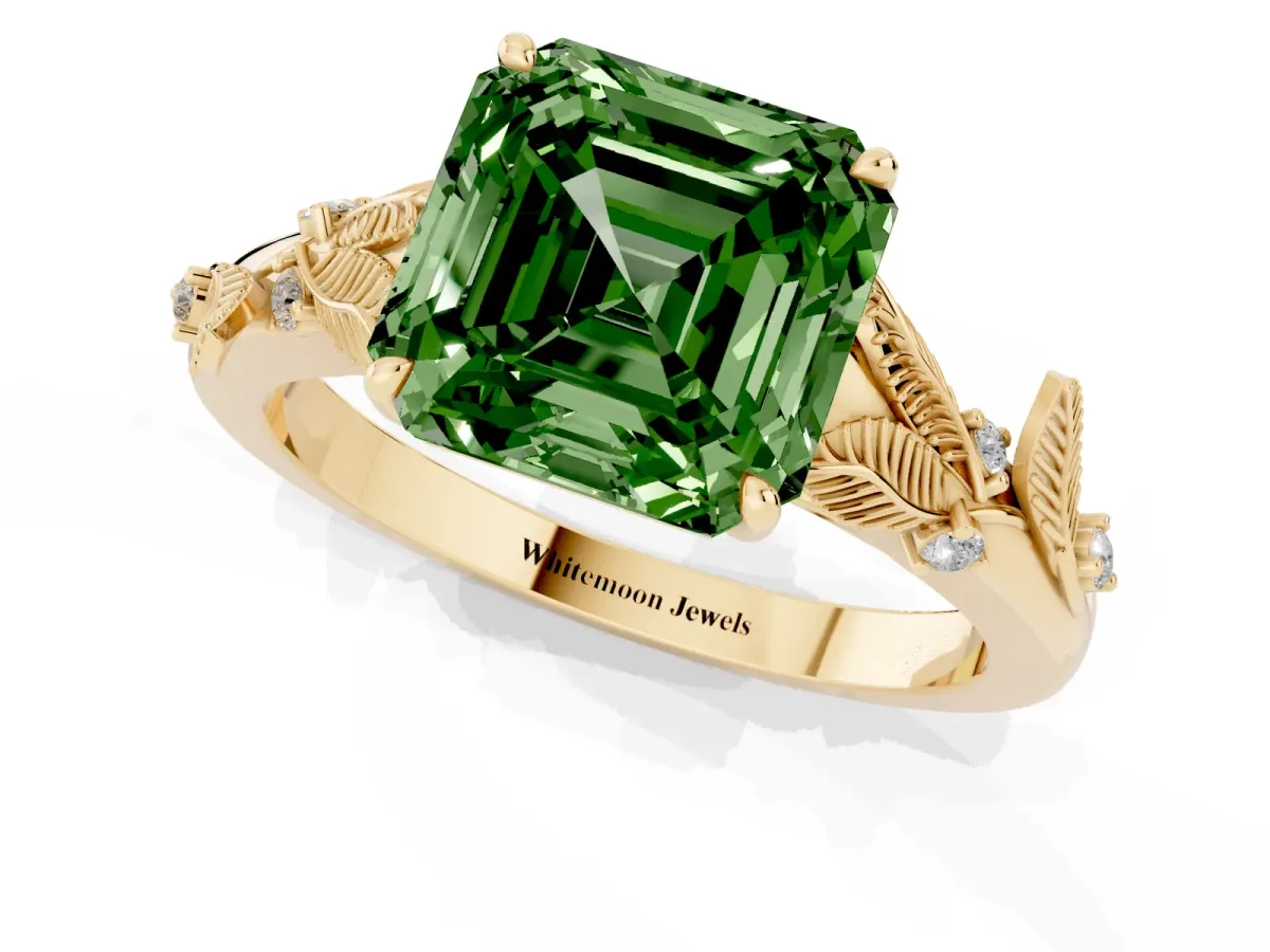 Fancy Green Asscher Cut Diamond Solitaire Ring with Leaf Motif Band and Four-Prong Setting Yellow gold