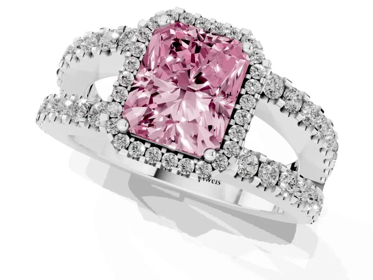 Fancy Pink Radiant Cut Cut Halo Split Shank Diamond Ring with Four-Prong Setting Silver