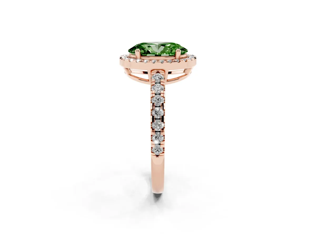 Fancy Green Oval Cut Diamond Halo Ring with Pavé Band and Four-Prong Setting Rose gold