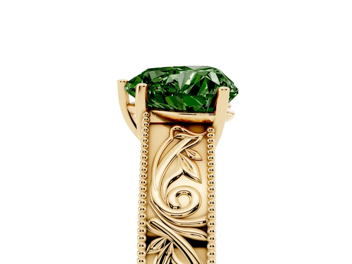 Fancy Green Heart Cut Diamond Solitaire Ring with Engraved Band and Four-Prong Setting Yellow gold
