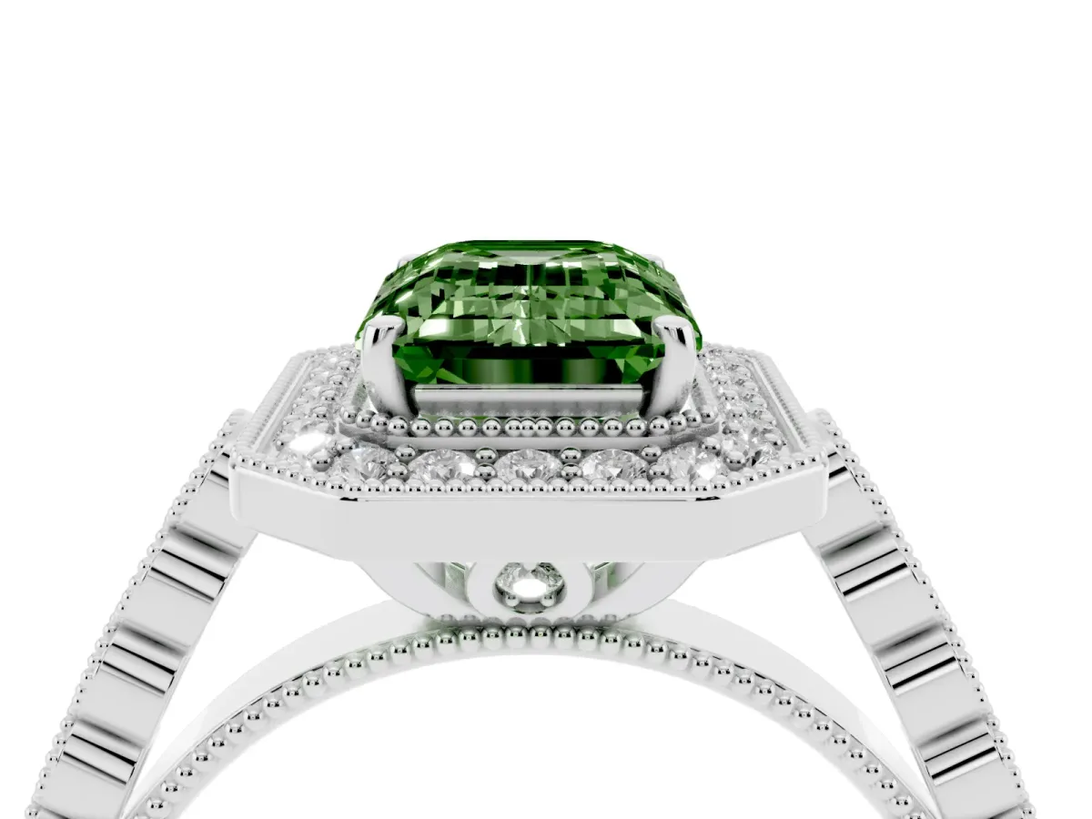 Fancy Green Emerald Cut Halo Milgrain Solitaire with Bezel Set Side Stones and Pave Band Silver