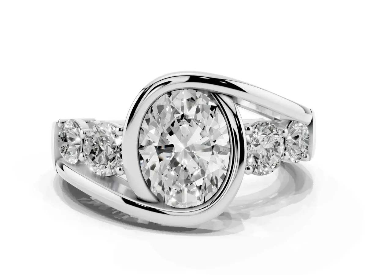 Bezel Set Oval Cut Diamond Bypass Ring with Round Accents Platinum