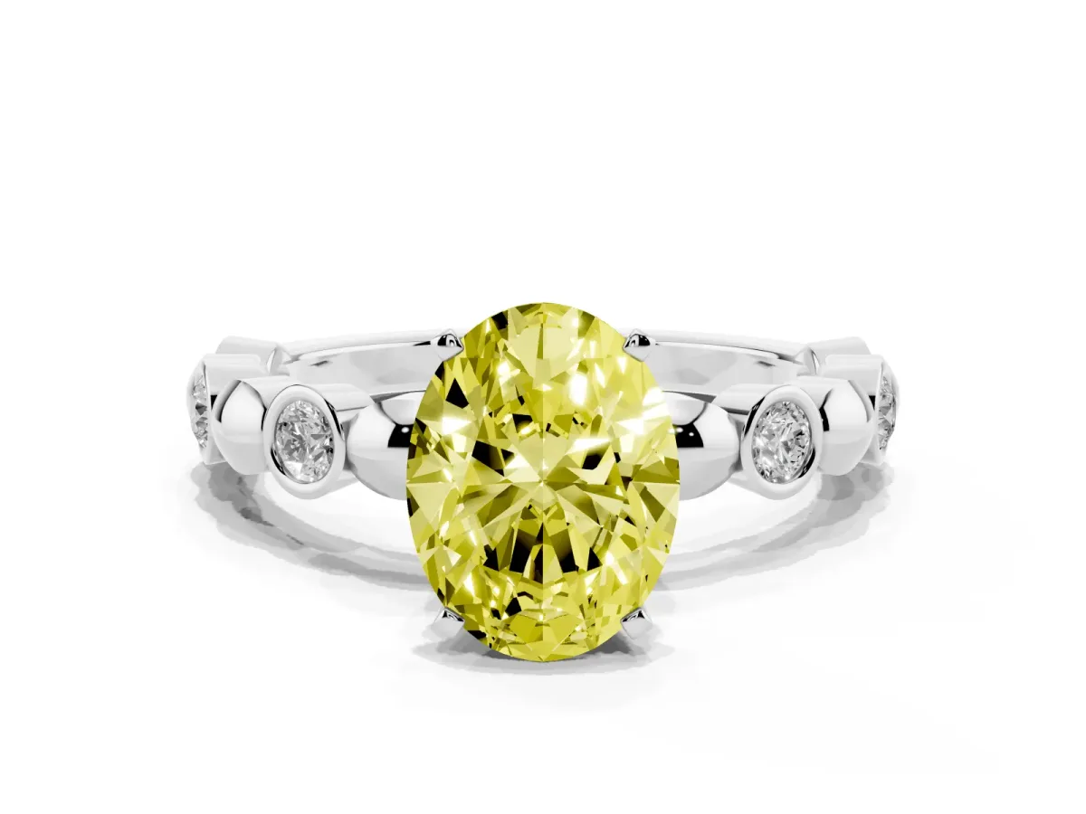 Fancy Yellow Oval Cut Solitaire Bezel-Set Diamond Ring with Beaded Band and Four-Prong Setting Silver