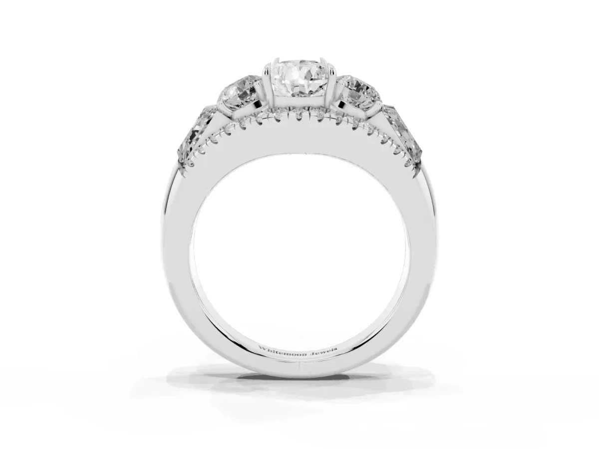 Three-Stone Pear Cut Diamond Engagement Ring with Pave Band and Prong Setting Silver