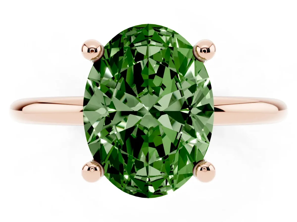 Fancy Green Oval Cut Solitaire Diamond Ring with 4-Prong Setting on a Classic Band Rose gold