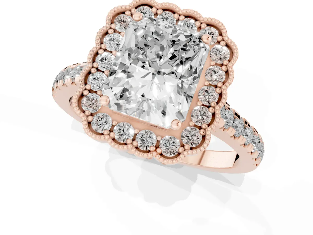 Radiant Cut Cut Diamond Milgrain Floral Halo Engagement Ring with Pavé Band Rose gold
