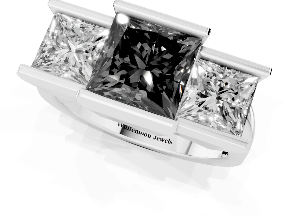 Fancy Black Three Stone Princess Cut Cut Channel Set Diamond Ring Platinum