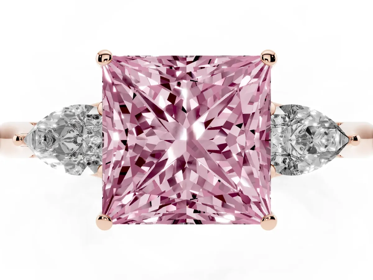 Fancy Pink Three-Stone Princess Cut Brilliant Diamond Solitaire Ring with Tapered Band and Four-Prong Setting Rose gold