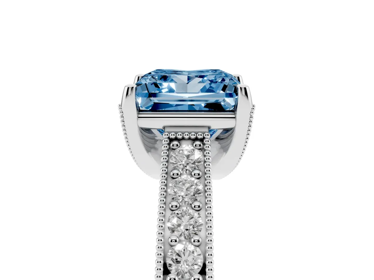 Fancy Blue Princess Cut Cut Diamond Solitaire Ring with Milgrain Pave Band and Four Prong Setting Silver