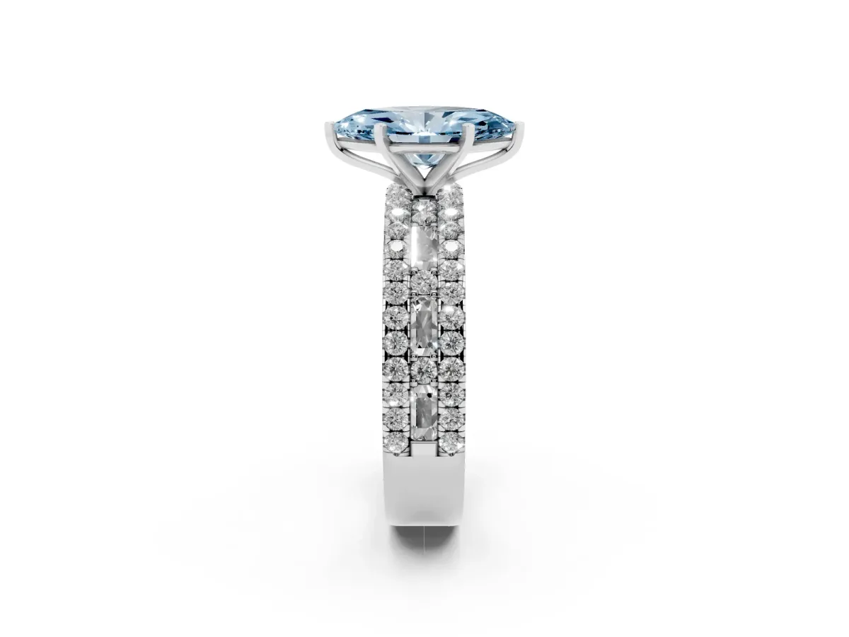 Fancy Blue Marquise Cut Diamond Solitaire Ring with Pavé and Channel Set Band Silver