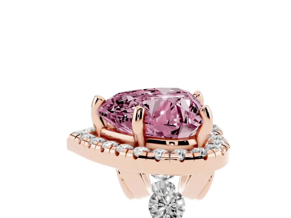 Fancy Pink Heart Cut Halo Pavé Diamond Engagement Ring with Four-Prong Setting Rose gold