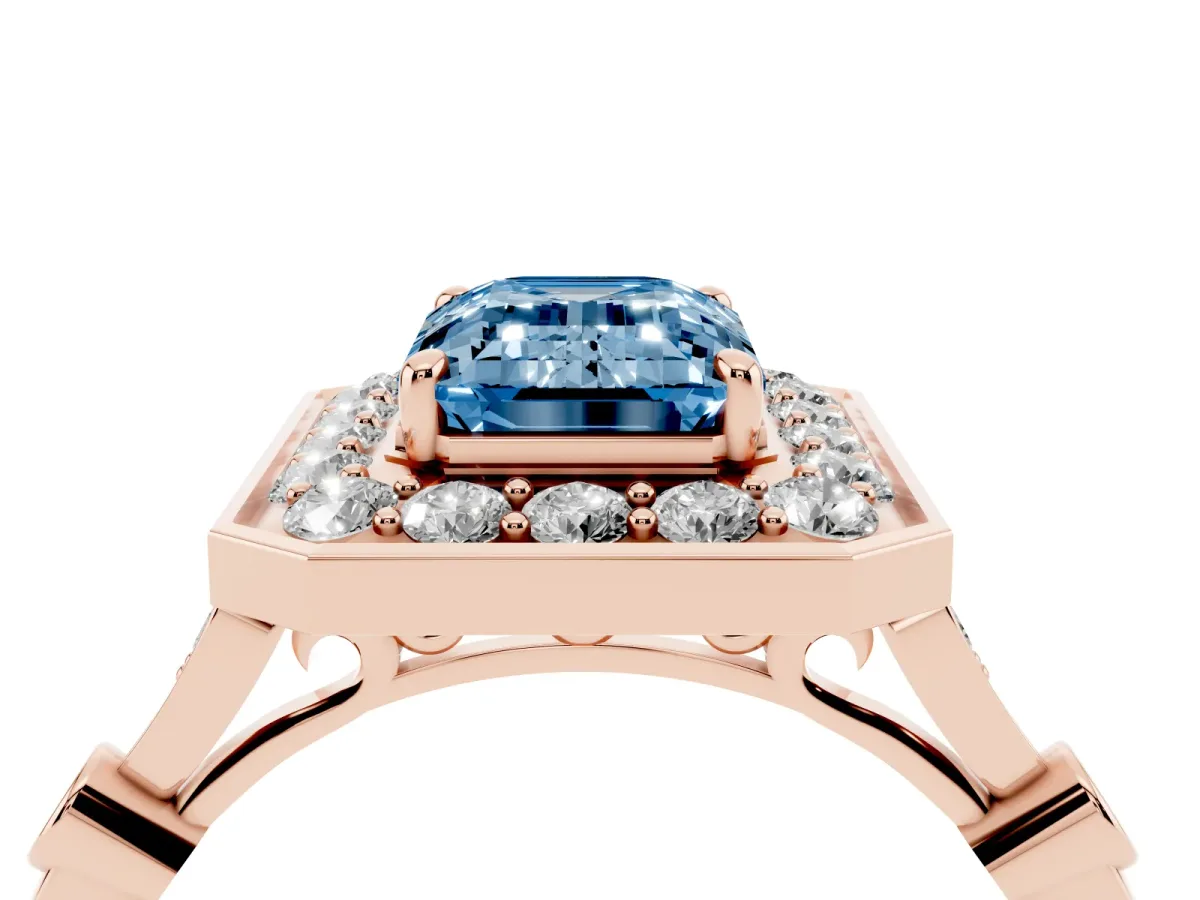 Fancy Blue Emerald Cut Halo Diamond Engagement Ring with Twisted Band and Four-Prong Setting Rose gold