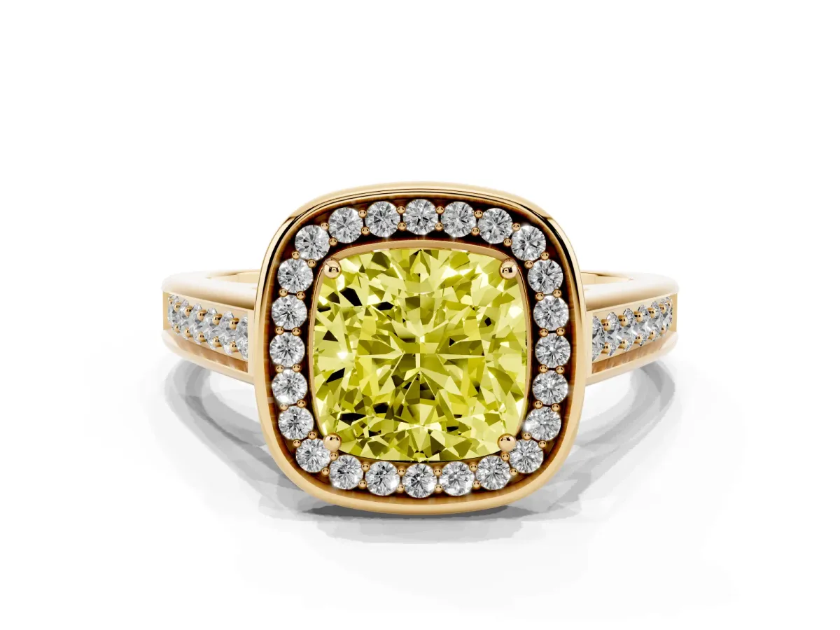 Fancy Yellow Cushion Cut Halo Solitaire Diamond Ring with Pave Band and Bezel Setting Yellow gold
