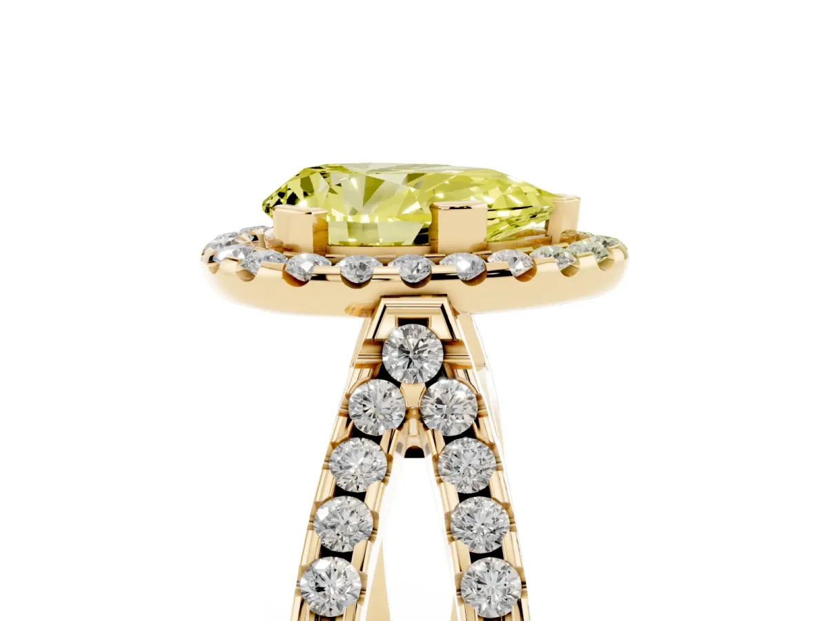 Fancy Yellow Pear Cut Diamond Halo Ring with Split Shank Pavé Band and Prong Setting Yellow gold