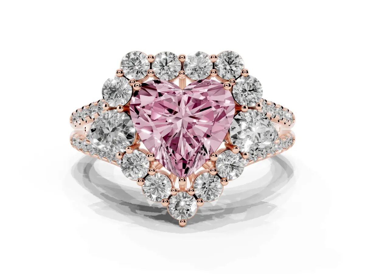 Fancy Pink Heart Cut Halo Split Shank Diamond Engagement Ring with Prong Setting Rose gold