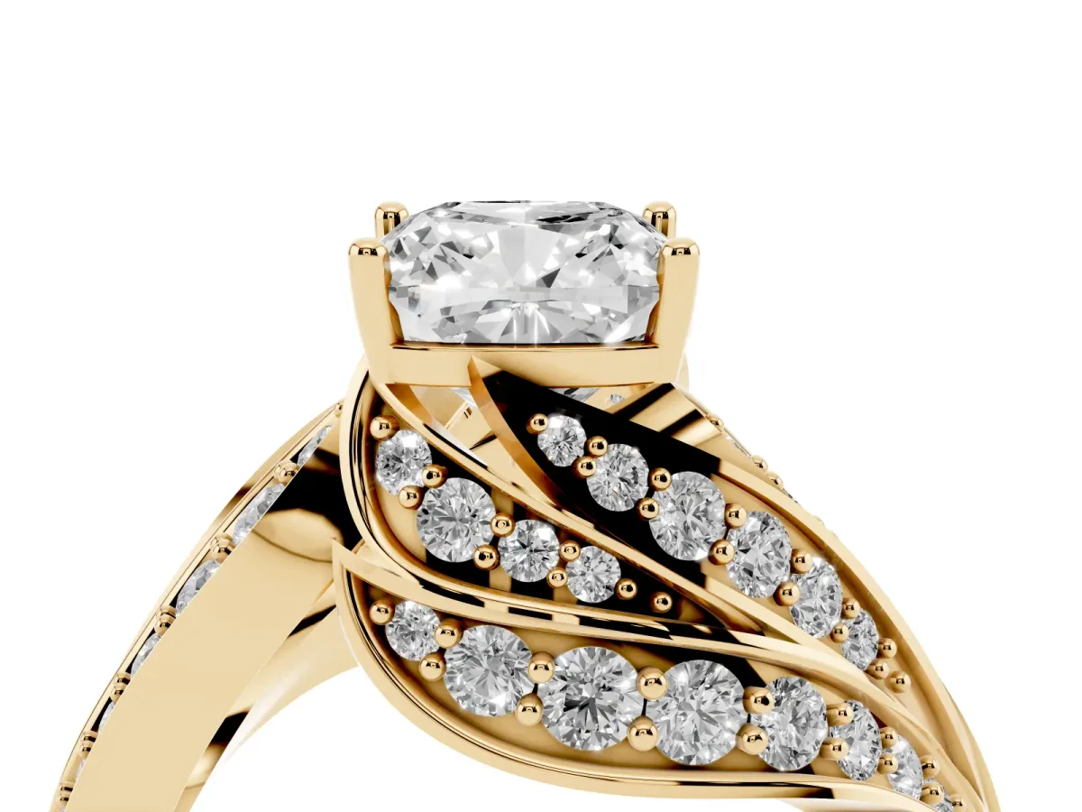Cushion Cut Diamond Solitaire Ring with Prong Setting and Twisted Pavé Band Yellow gold