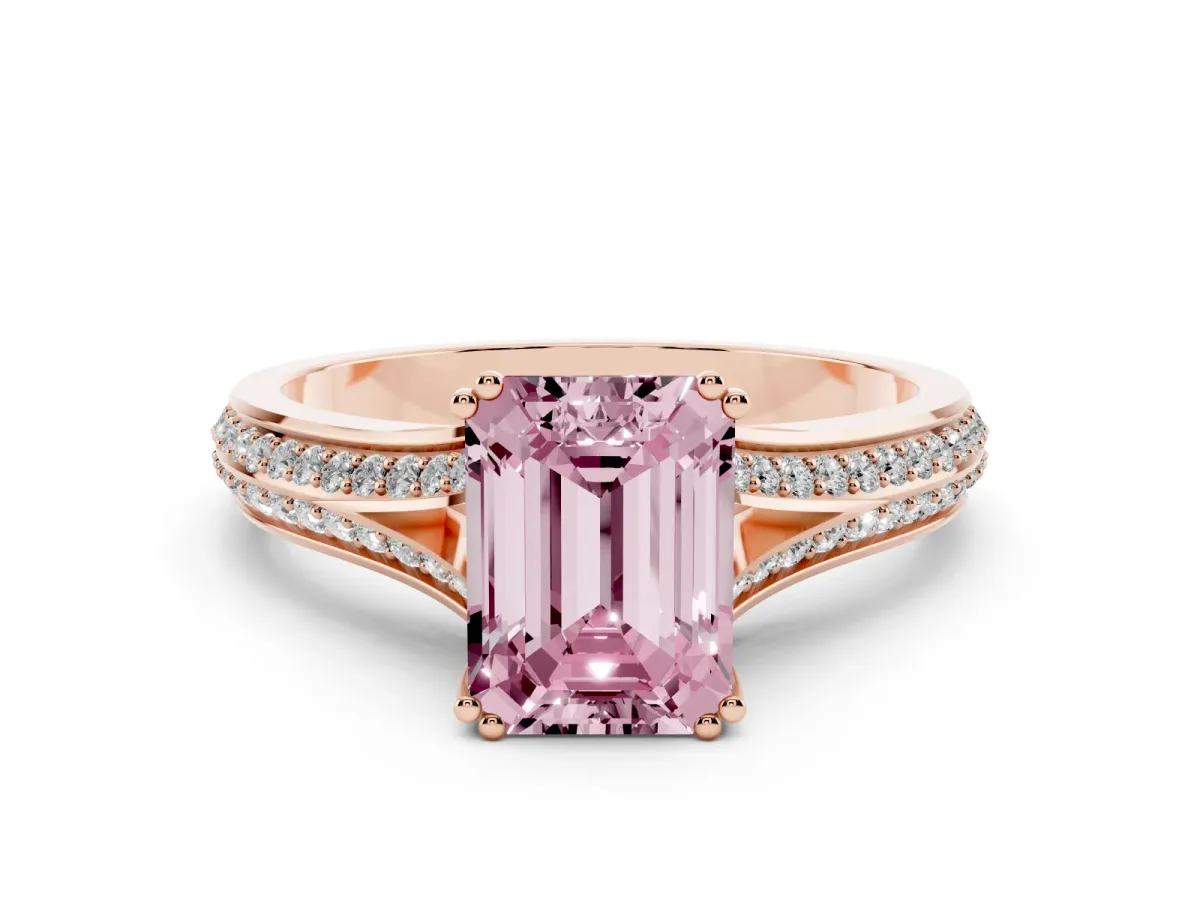 Fancy Pink Emerald Cut Diamond Split Shank Engagement Ring with Pavé Band Rose gold