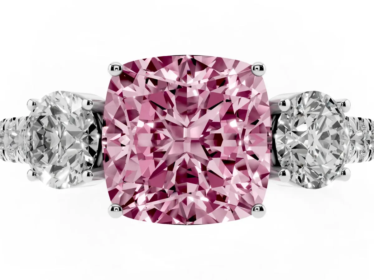 Fancy Pink Cushion Cut Cut Diamond Three-Stone Ring with Round Side Stones and Pavé Band Platinum