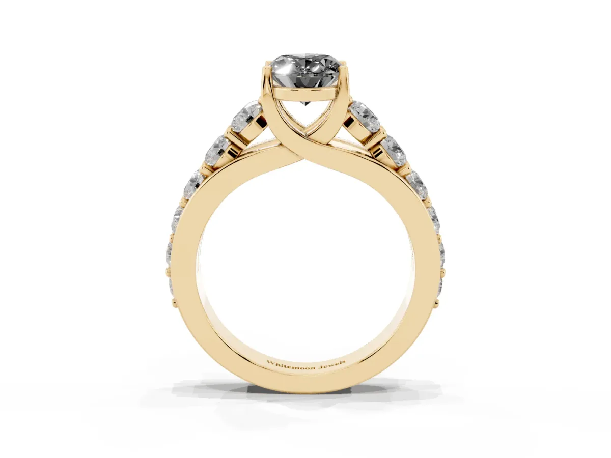 Fancy Black Oval Cut Diamond Engagement Ring with Pavé Band and Four-Prong Setting Yellow gold