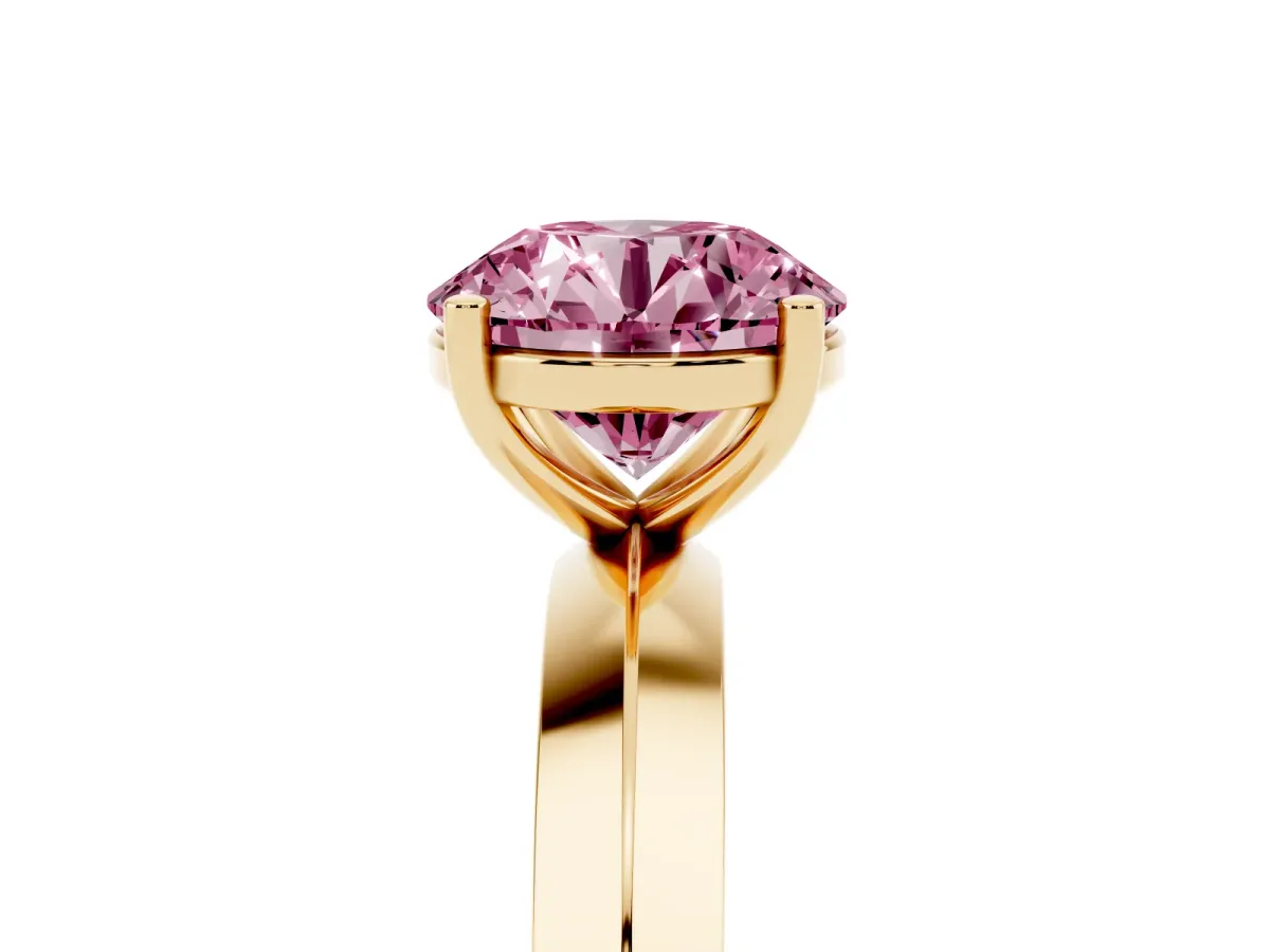 Fancy Pink Round Cut Cut Solitaire Engagement Ring with Flat Band and Four-Prong Setting Yellow gold