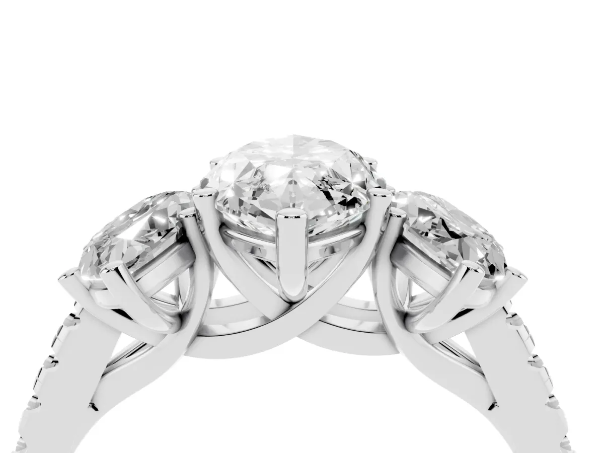 Three-Stone Marquise Cut Diamond Ring with Round Pavé Band and Prong Setting Silver