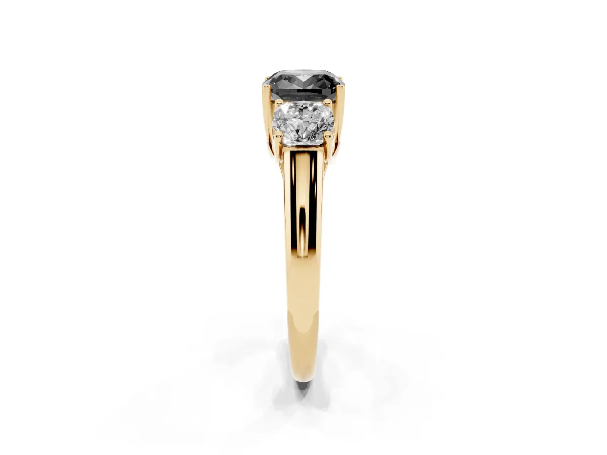 Fancy Black Three-Stone Cushion Cut Diamond Engagement Ring with Prong Setting Yellow gold