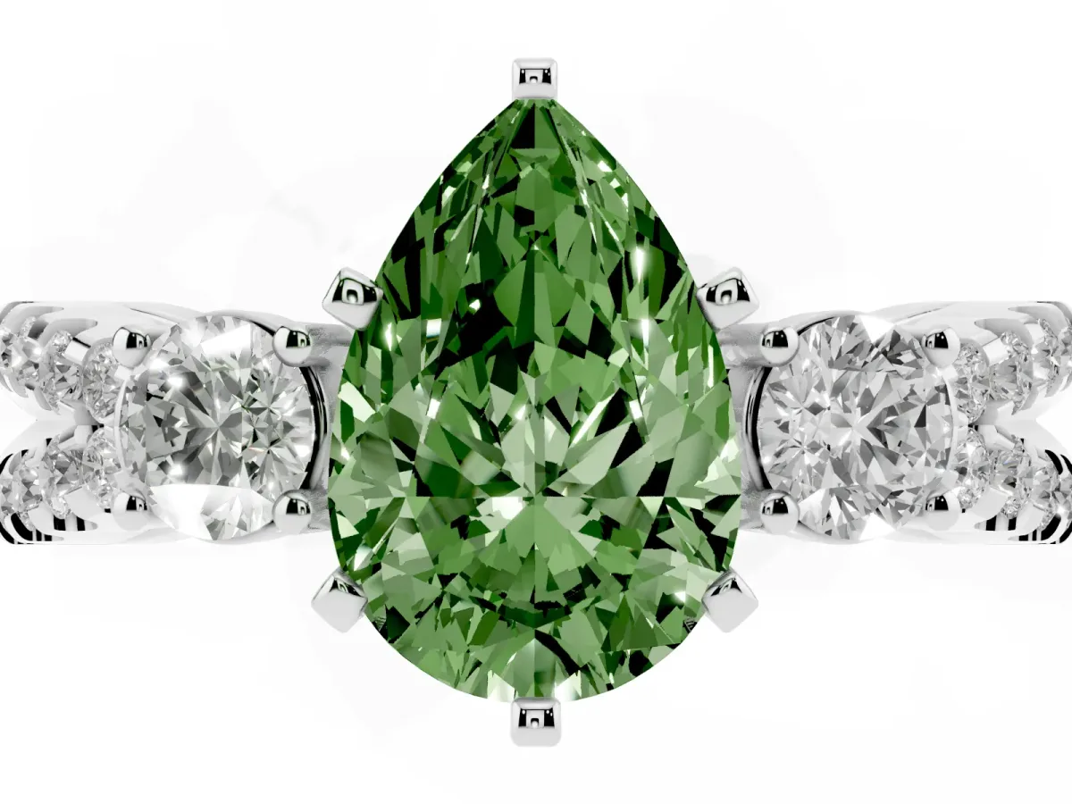 Fancy Green Pear Cut Diamond Three-Stone Ring with Pavé Split Shank and Four-Prong Setting Platinum