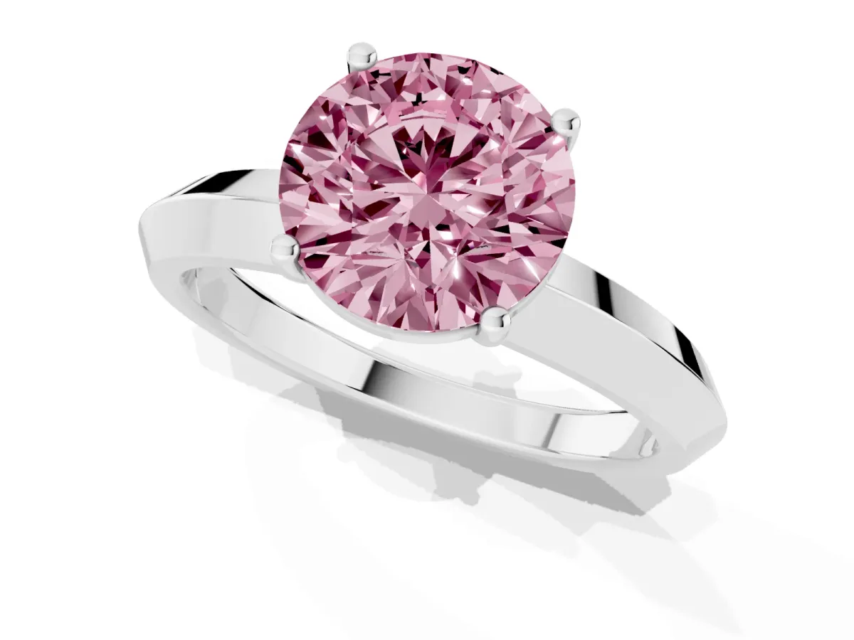 Fancy Pink Round Cut Cut Solitaire Engagement Ring with Flat Band and Four-Prong Setting White gold