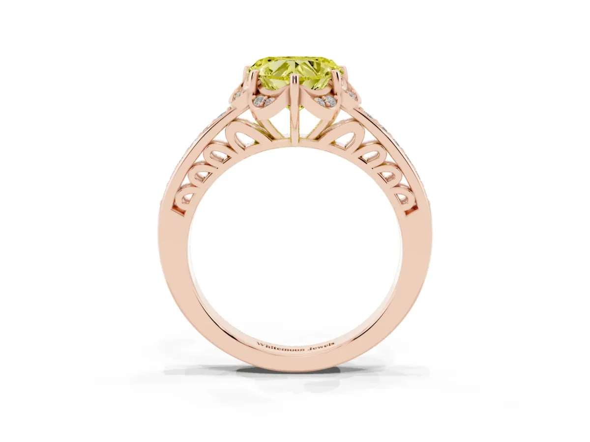 Fancy Yellow Heart Cut Cut Halo Diamond Ring with Channel Set Band and Four-Prong Setting Rose gold