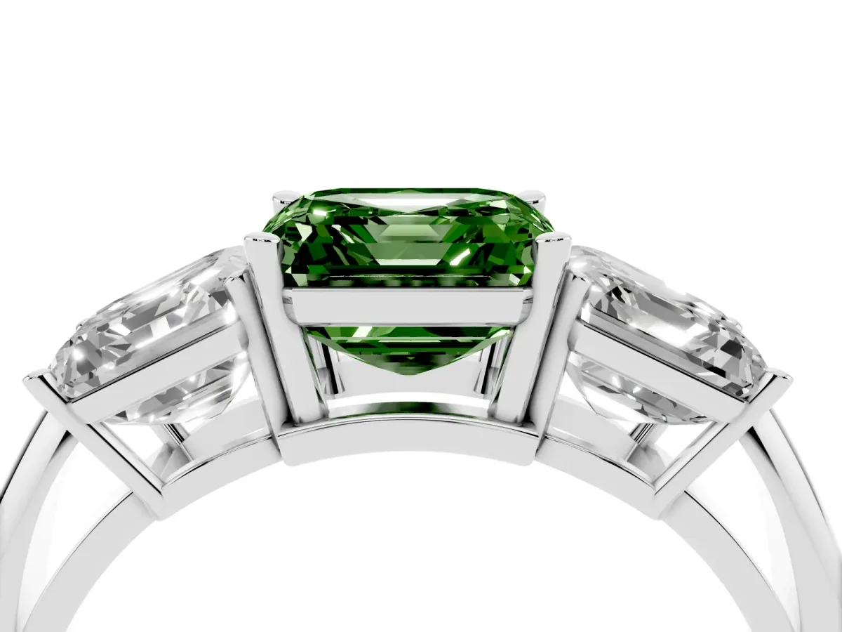Fancy Green Three-Stone Asscher Cut Cut Diamond Engagement Ring with Prong Setting on a White Gold Band White gold