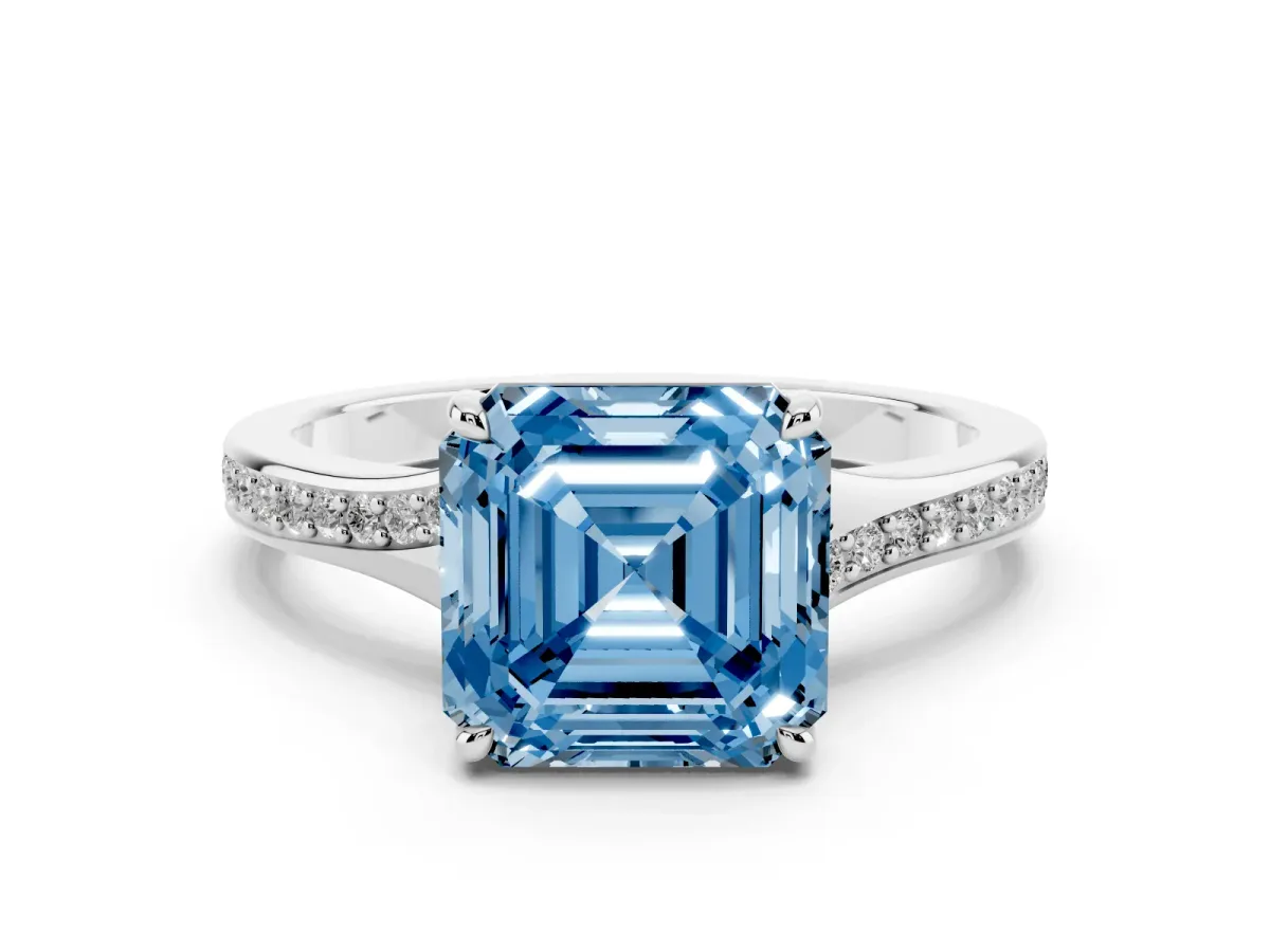 Fancy Blue Asscher Cut Diamond Solitaire Ring with Pavé Band and Prong Setting Silver
