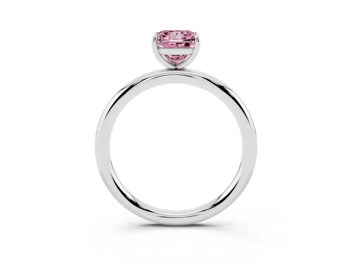 Fancy Pink Princess Cut Solitaire Diamond Ring with Four-Prong Setting on a Plain Band Platinum