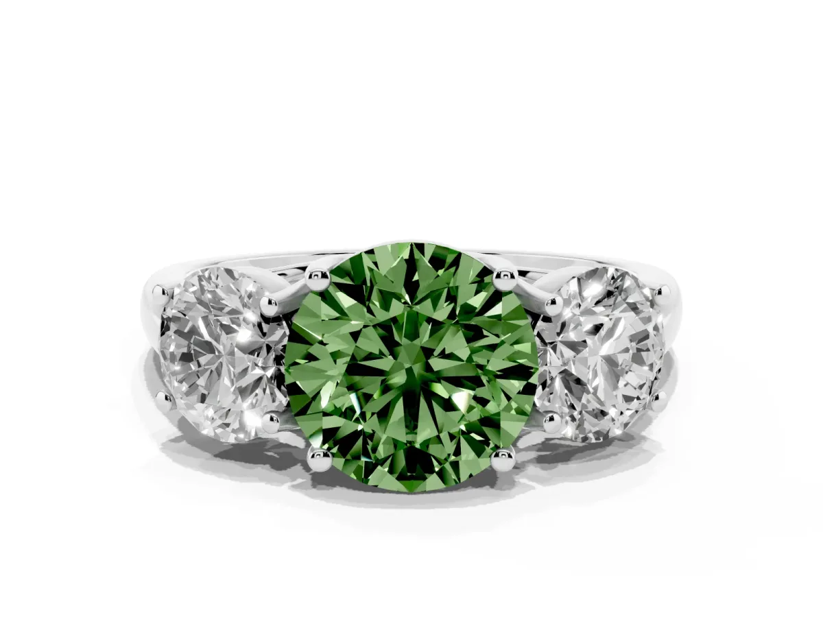 Fancy Green Three-Stone Round Cut Diamond Engagement Ring with Prong Setting Platinum