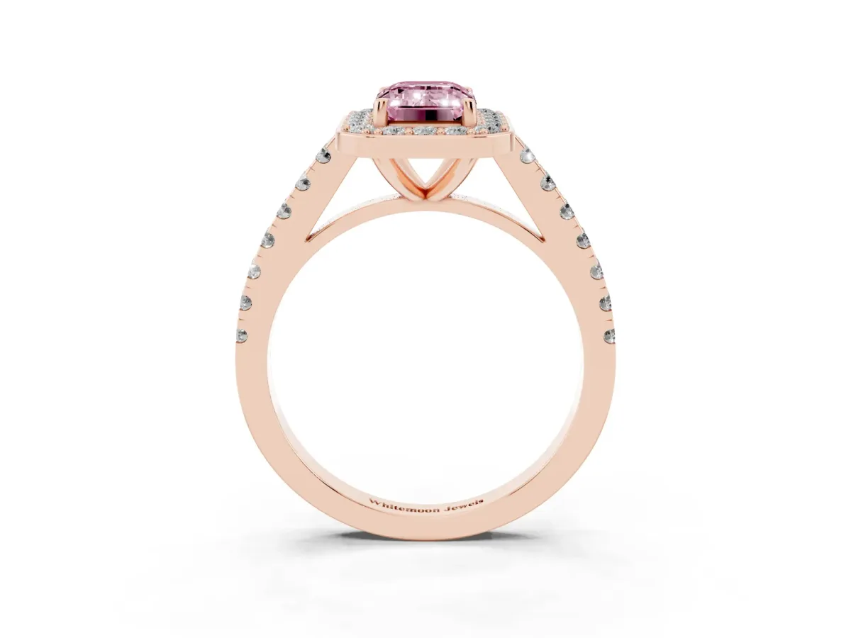 Fancy Pink Emerald Cut Diamond Halo Ring with Round Pavé Split Shank and Prong Setting Rose gold