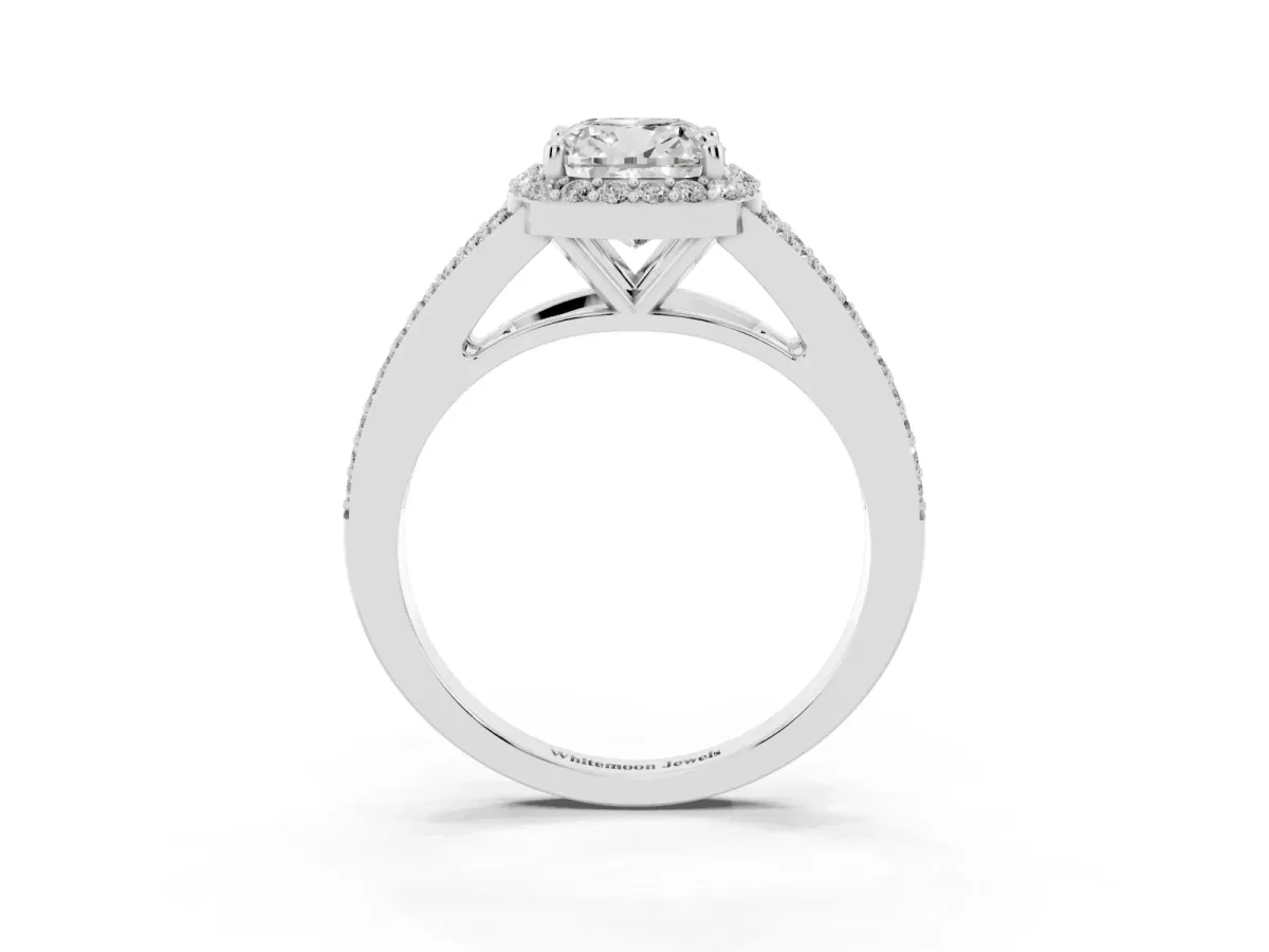 Cushion Cut Halo Split Shank Diamond Ring with Prong Setting Silver