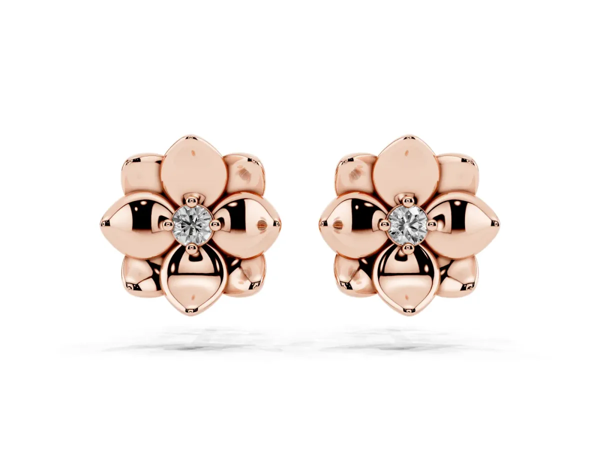 Round Diamond Magnolia Floral Stud Earrings Rose gold