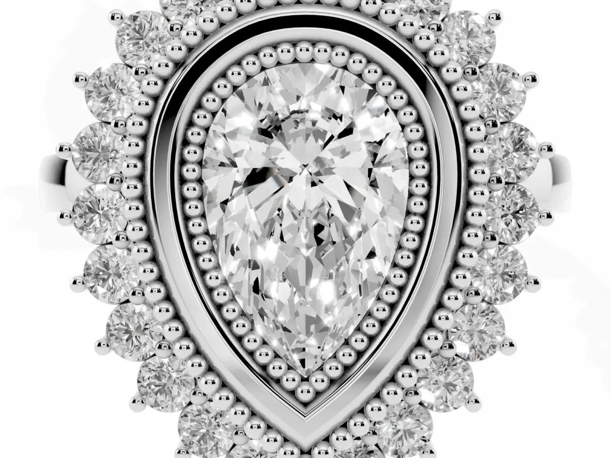 Pear Cut Halo Diamond Ring with Milgrain Edge and Round Prong Setting Silver
