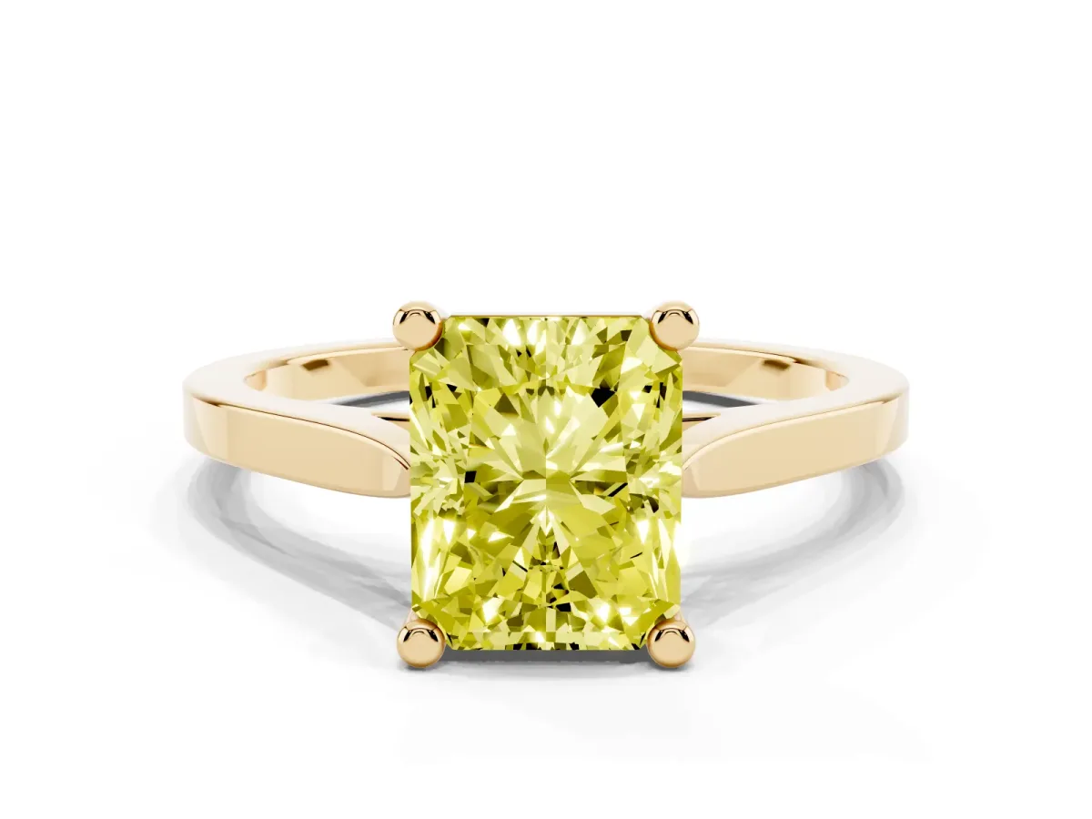 Fancy Yellow Radiant Cut Solitaire Diamond Ring with Four-Prong Setting and Tapered Band Yellow gold
