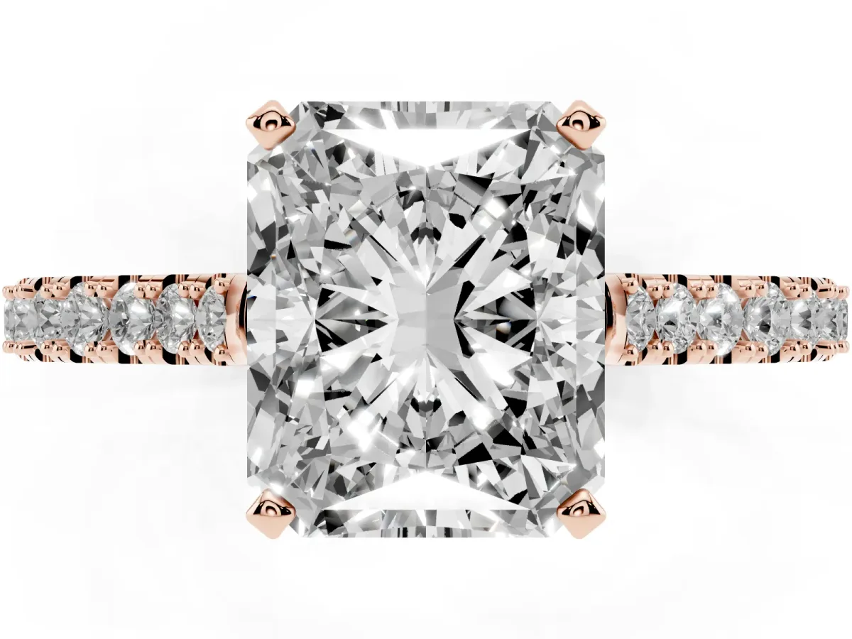 Radiant Cut Cut Solitaire Diamond Engagement Ring with Pave Band and Four-Prong Setting Rose gold