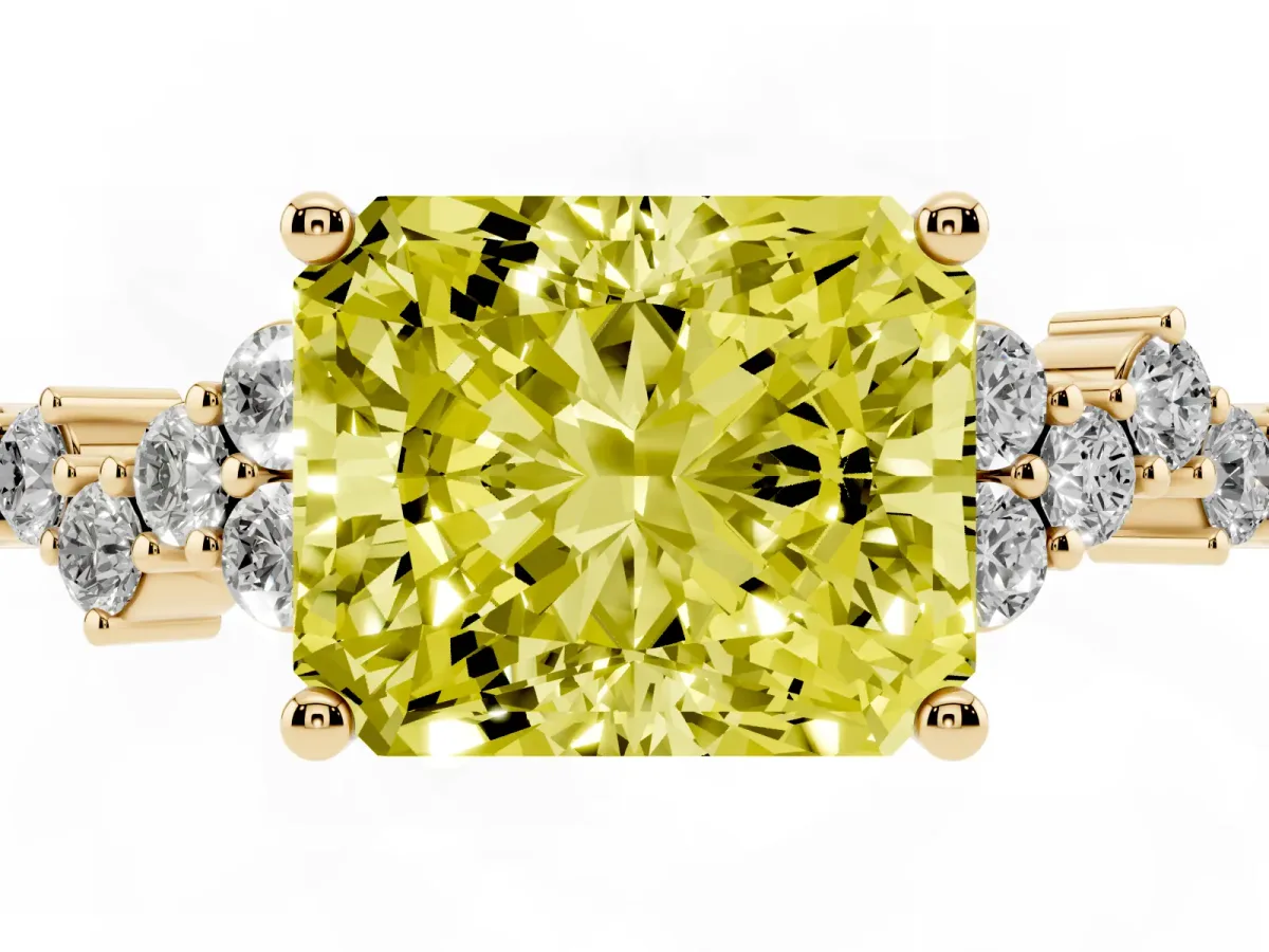 Fancy Yellow Radiant Cut Diamond Scattered Round Accent Ring with Prong Setting Yellow gold