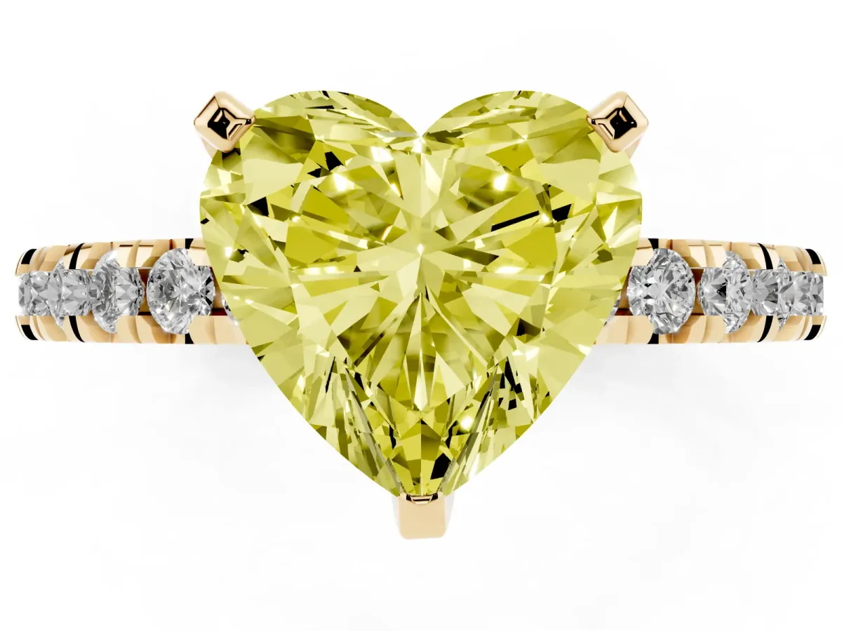 Fancy Yellow Heart Cut Diamond Pavé Band Solitaire with Four-Prong Setting Yellow gold