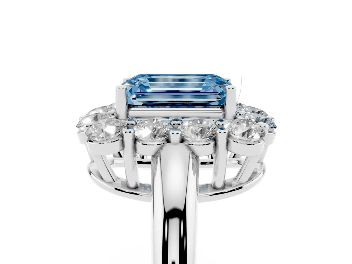 Fancy Blue Emerald Cut Halo Cluster Diamond Engagement Ring with Prong Setting and Polished Band Silver
