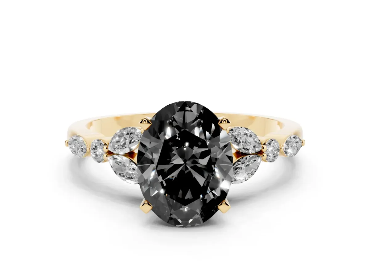 Fancy Black Oval Cut Diamond Solitaire Ring with Side Stones and Four-Prong Setting Yellow gold