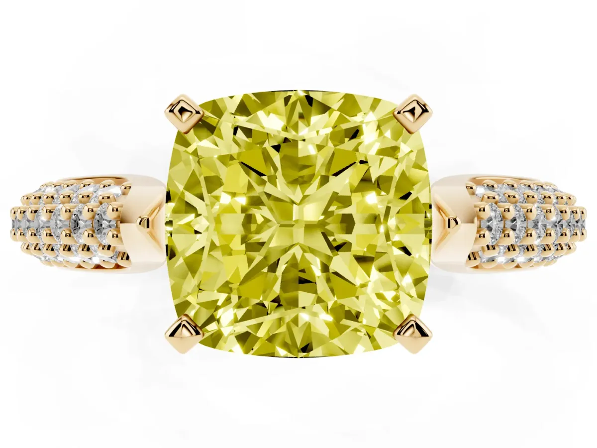 Fancy Yellow Cushion Cut Diamond Solitaire Engagement Ring with Multi-Row Round Pavé Band and Prong Setting Yellow gold