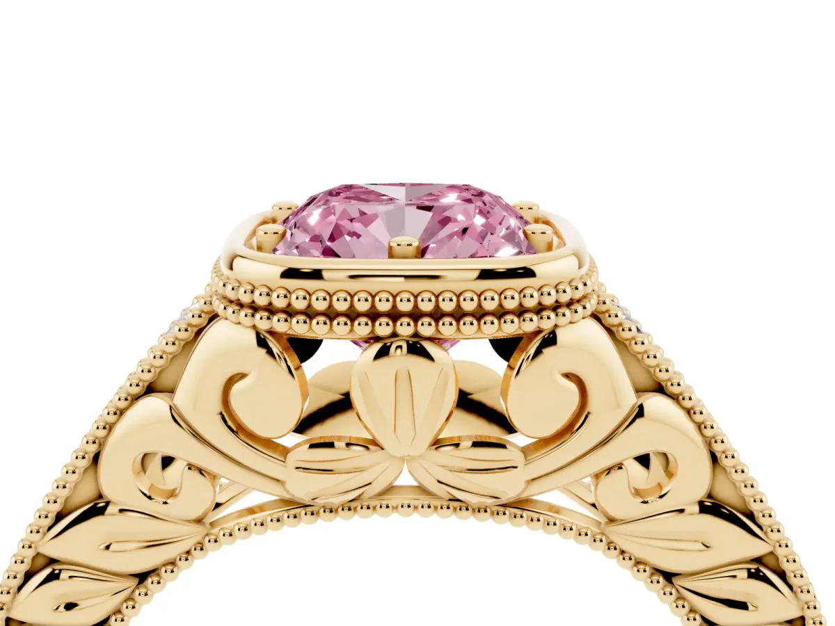 Fancy Pink Bezel Set Cushion Cut Diamond Milgrain Pave Engagement Ring Yellow gold