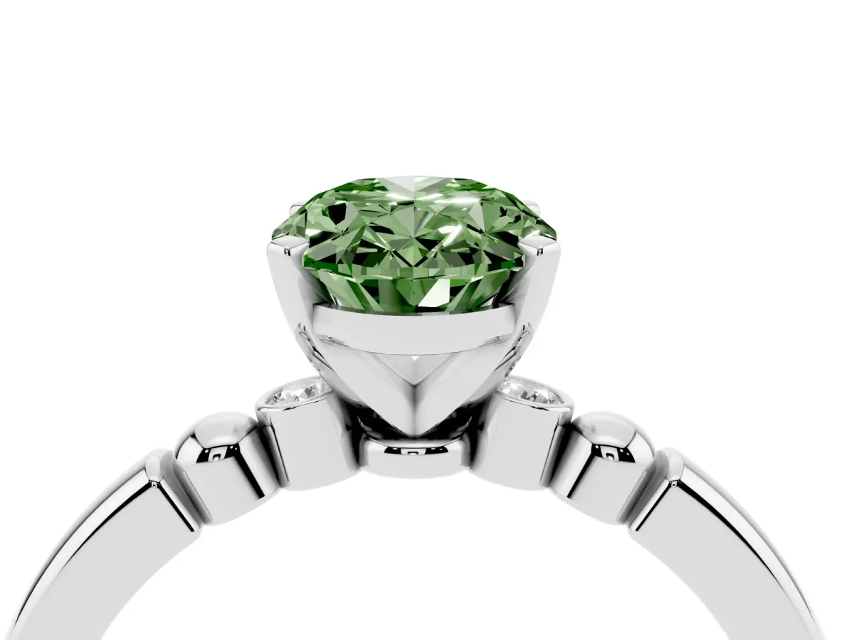 Fancy Green Oval Cut Solitaire Beaded Band with Four-Prong Setting Platinum