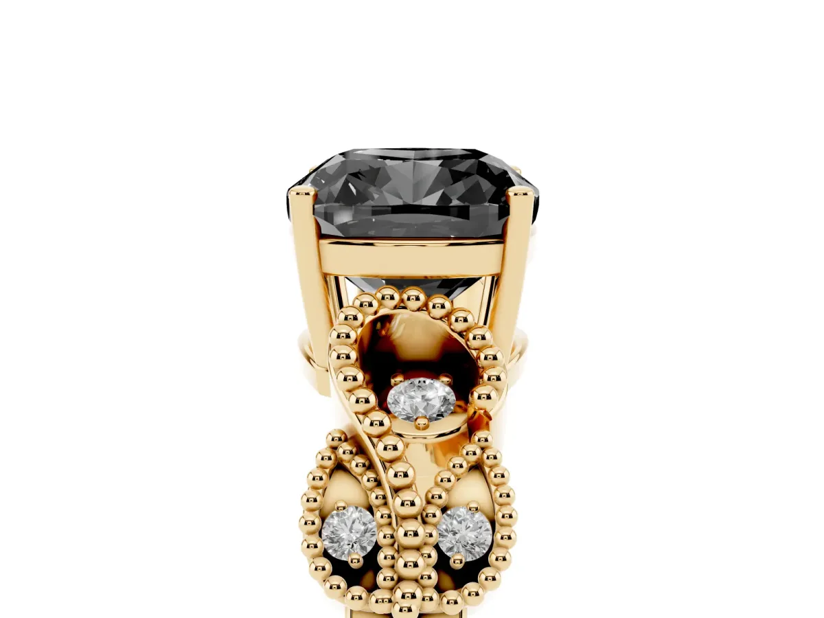 Fancy Black Cushion Cut Solitaire Milgrain Leaf Band with Prong Setting Yellow gold