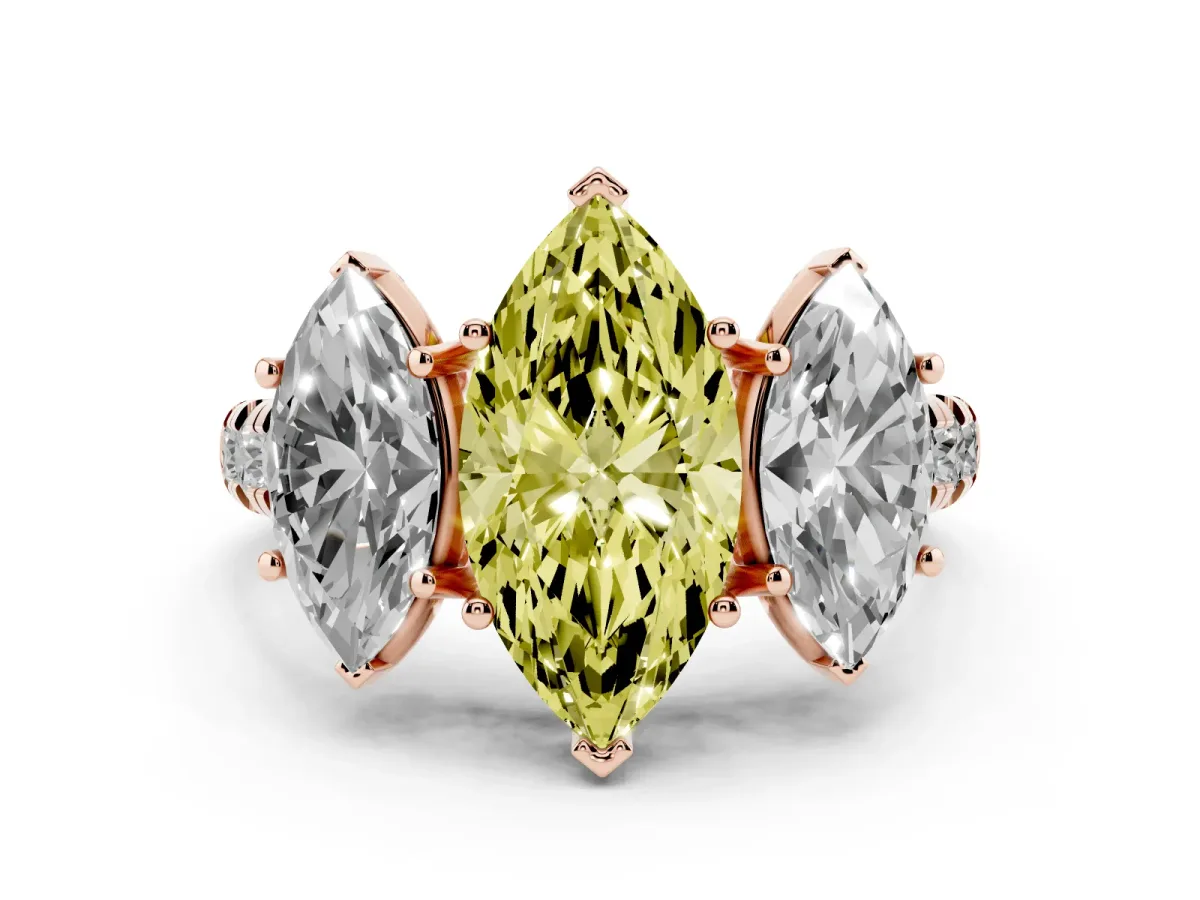 Fancy Yellow Three-Stone Marquise Cut Diamond Pavé Band with Prong Setting Rose gold